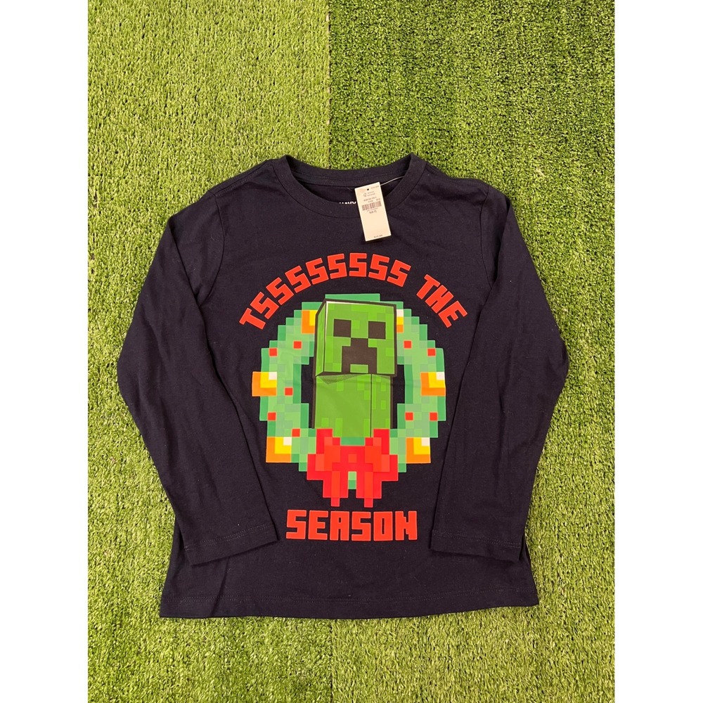 Old Navy Minecraft Christmas Creeper Long Sleeve Graphic Tee Navy Kids S 6-7